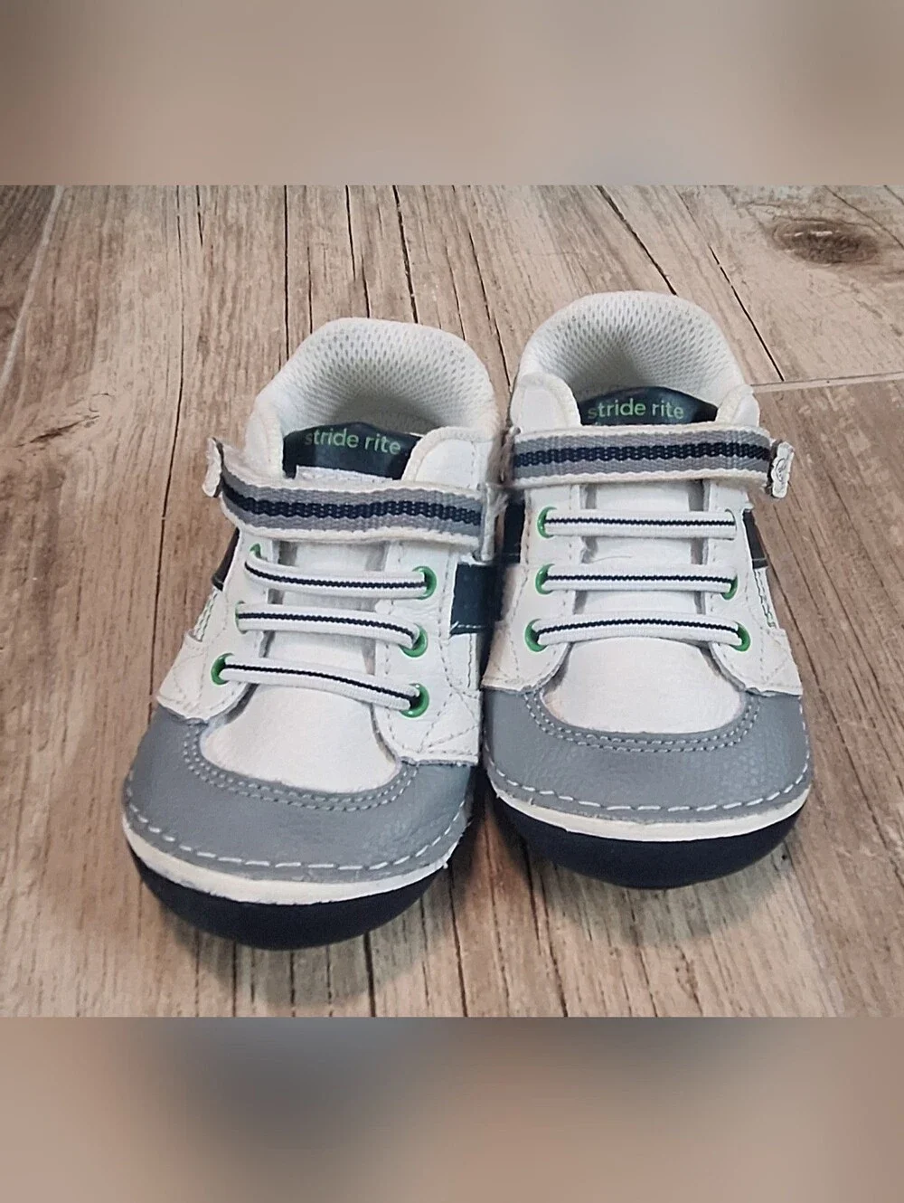 Stride Rite Toddler Sneakers Size 5.5W White Gray Navy Green Hook & Loop Walking